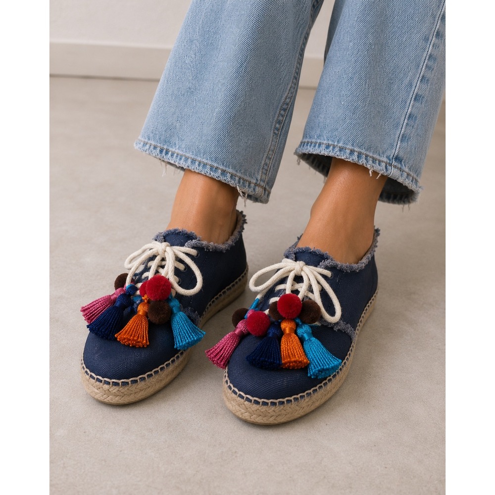 Kate Spade Lane Denim Espadrille Tassel Pom Pom Sneakers Blue Boho - 7.5